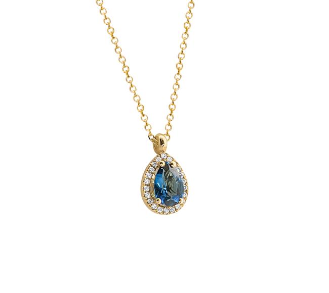 Μενταγιόν Κ18 με φυσικό London Blue Topaz και φυσικά Διαμάντια
 ΚΟΛΙΕ